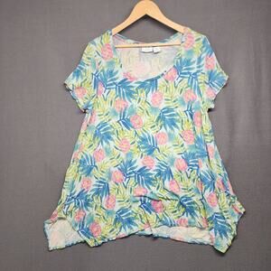 Sigrid Olsen Top Women 1X Blue Pink Short Sleeve Tunic Tropical Floral Pineapple